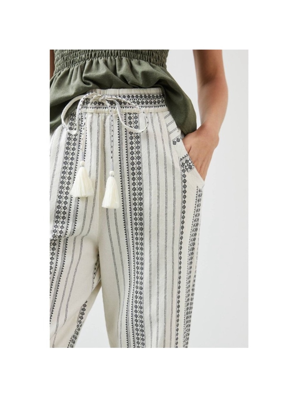 Anthropologie Cream and Black Striped Tassel Tie-Waist Straight-Leg Pants